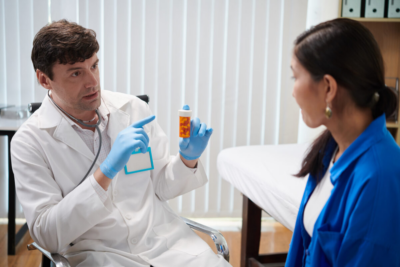 doctor-explaining-prescription-medication-patient Male doctor in a white coat and blue gloves explaining a bottle of prescription medication to a female patient in a clinic.