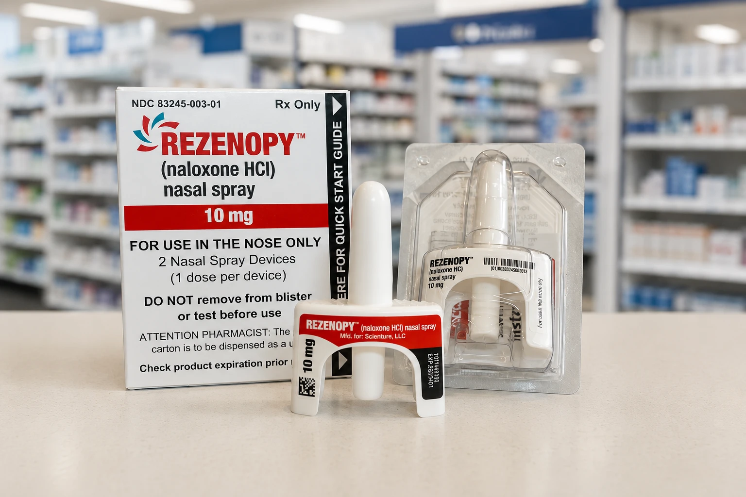 rezenopy-10mg-naloxone-nasal-spray-carton-devices Box of REZENOPY 10 mg naloxone HCl nasal spray next to two single-dose nasal spray devices on a pharmacy counter.