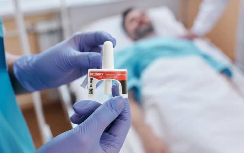 rezenopy-10mg-naloxone-nasal-spray-clinical Healthcare professional wearing blue gloves holding a device of Rezenopy (naloxone HCl) 10 mg nasal spray, with a patient resting in a hospital bed in the background.