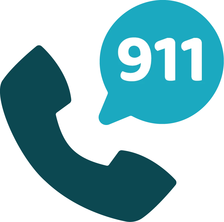 Call 911 Emergency Services Icon Graphic icon showing a dark blue telephone receiver with a light blue speech bubble containing the numbers 911.
